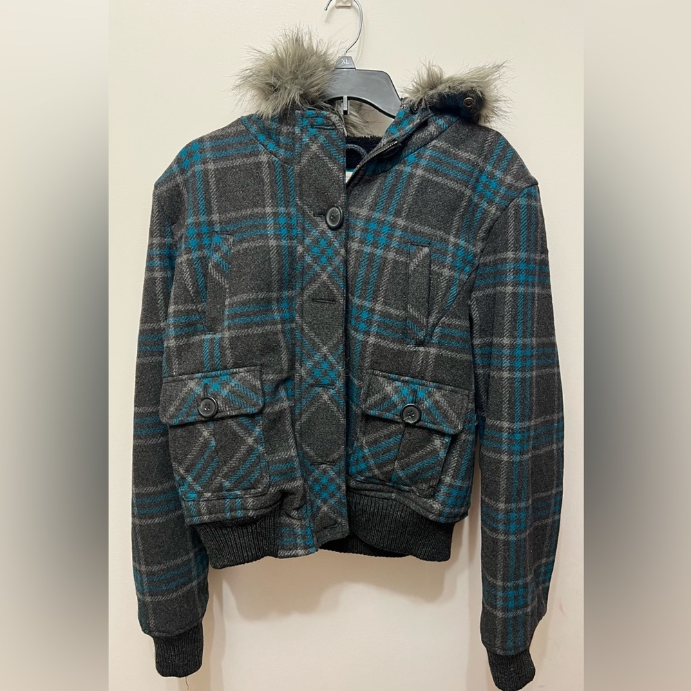 NWT Aeropostale Teal and Black Plaid Wool Vintage Coat Y2K XL Cozy